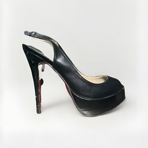 CHRISTIAN LOUBOUTIN BLACK PATENT LADY PEEP PLATFORM SLINGBACK PUMP SZ 38.5 EUC